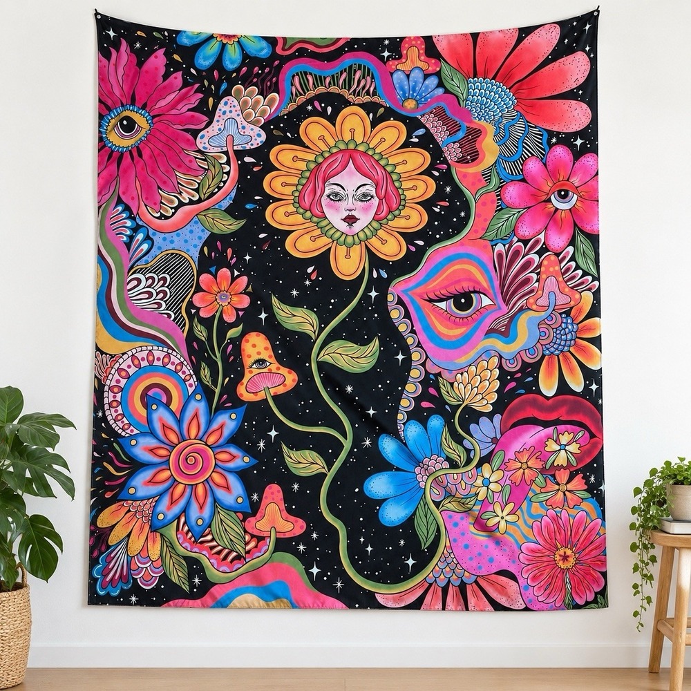 Psychedelic Sun Face Mushroom Tapestry Large Trippy Vibrant Color Wall Art 48x60
